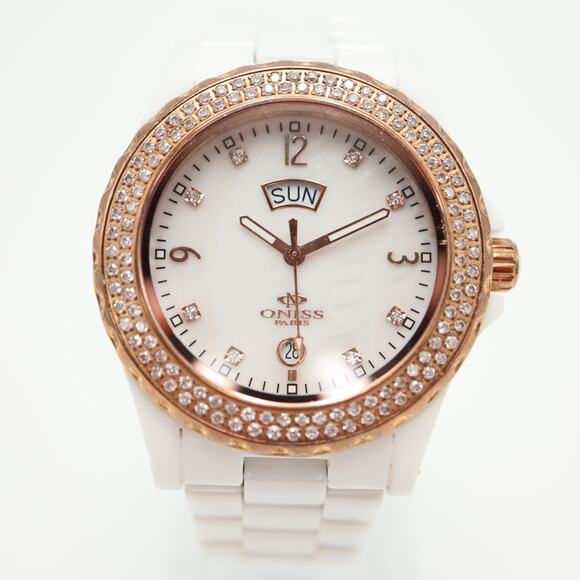 Oniss Paris White Ceramic MOP Day Date Watch 38mm Sapphire Crystal w New Battery - Picture 5 of 14